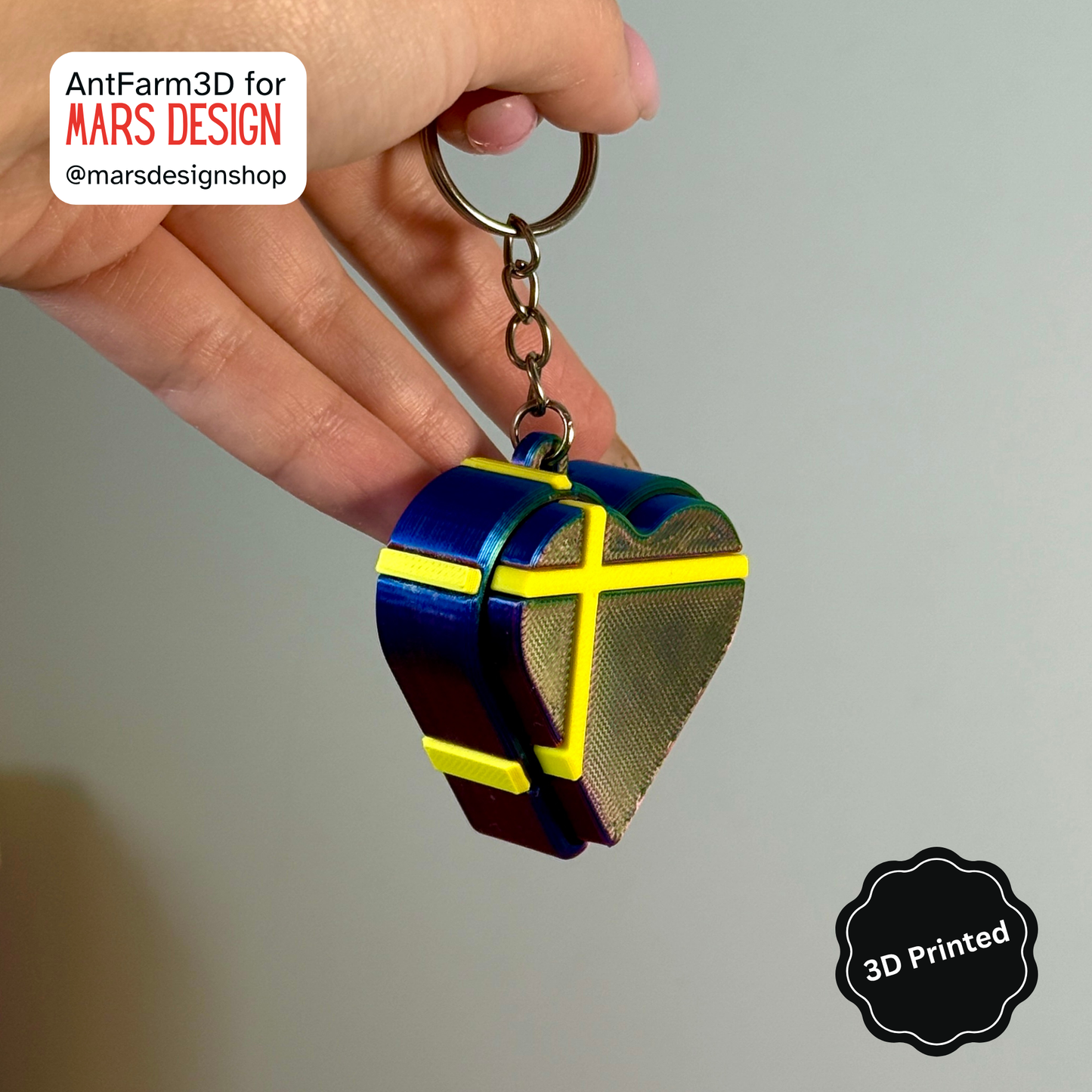 3D Printed გული ქლიქერი ბრელოკი / Heart Shaped Fidget Toy Keychain - Dark Rainbow
