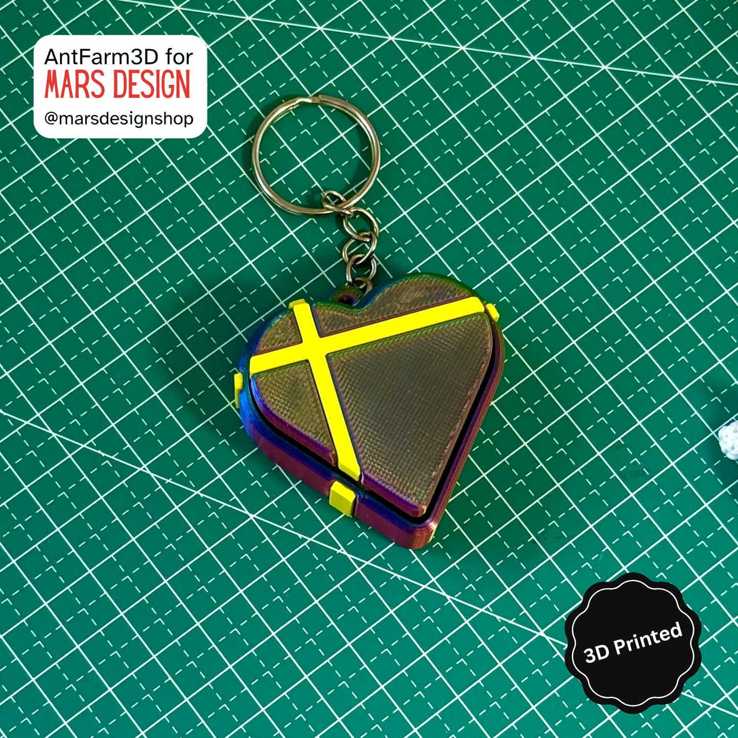 3D Printed გული ქლიქერი ბრელოკი / Heart Shaped Fidget Toy Keychain - Dark Rainbow