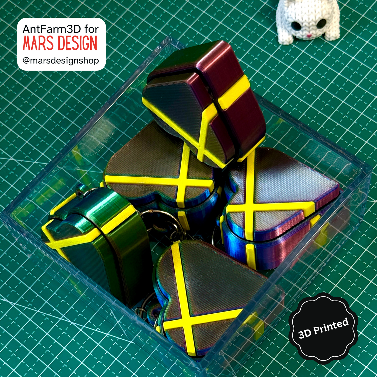 3D Printed გული ქლიქერი ბრელოკი / Heart Shaped Fidget Toy Keychain - Dark Rainbow