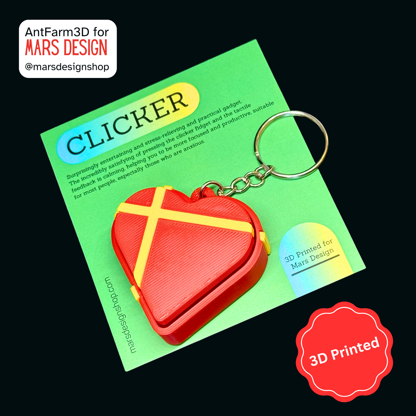 3D Printed გული ქლიქერი ბრელოკი / Heart Shaped Fidget Toy Keychain - Red