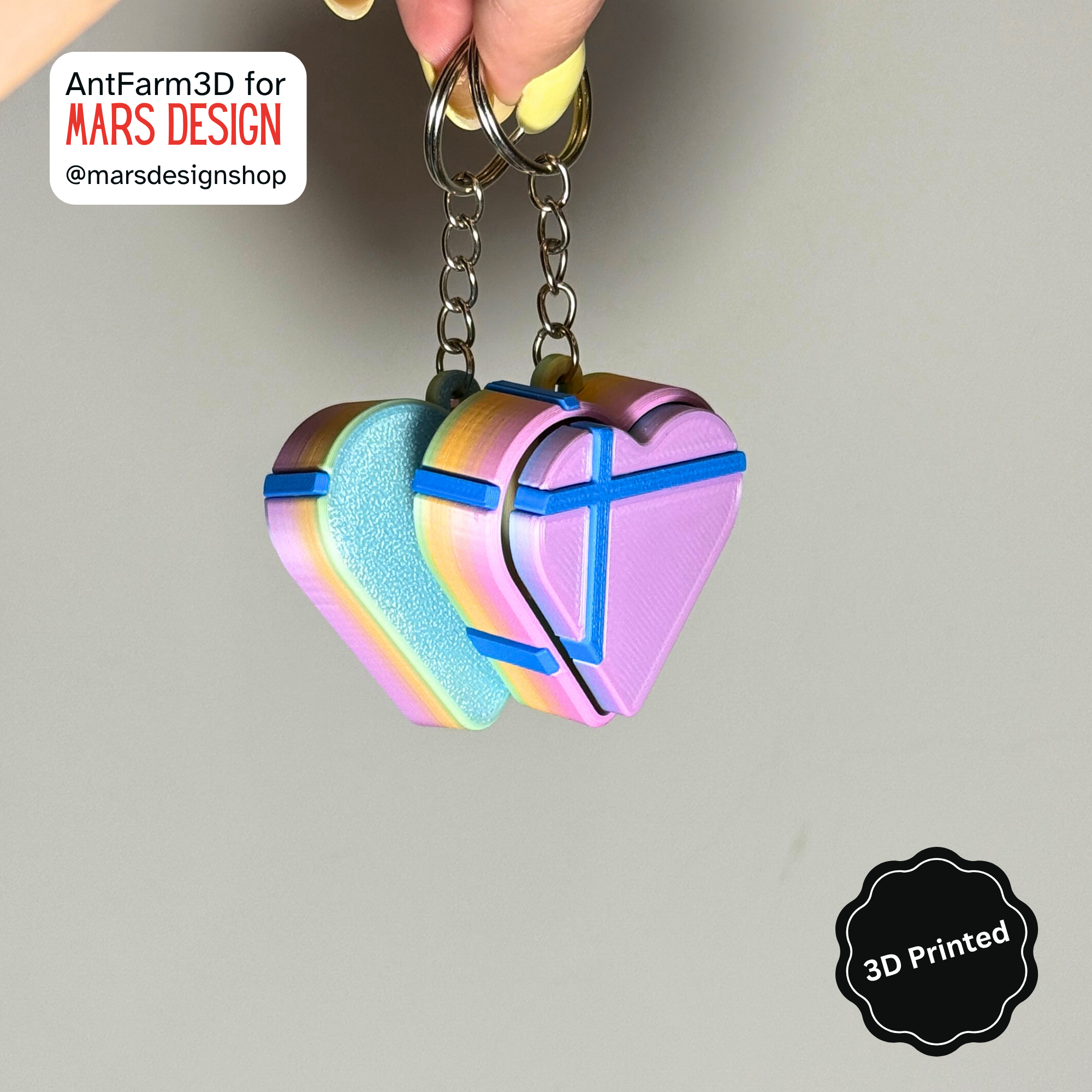 3D დაბეჭდილი გული ქლიქერი ბრელოკი / 3D Printed Heart Shaped Fidget Toy Keychain - Pink Rainbow