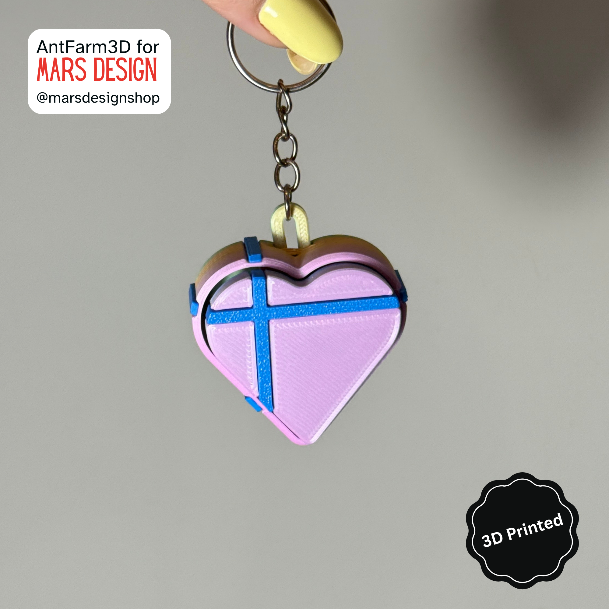 3D დაბეჭდილი გული ქლიქერი ბრელოკი / 3D Printed Heart Shaped Fidget Toy Keychain - Pink Rainbow