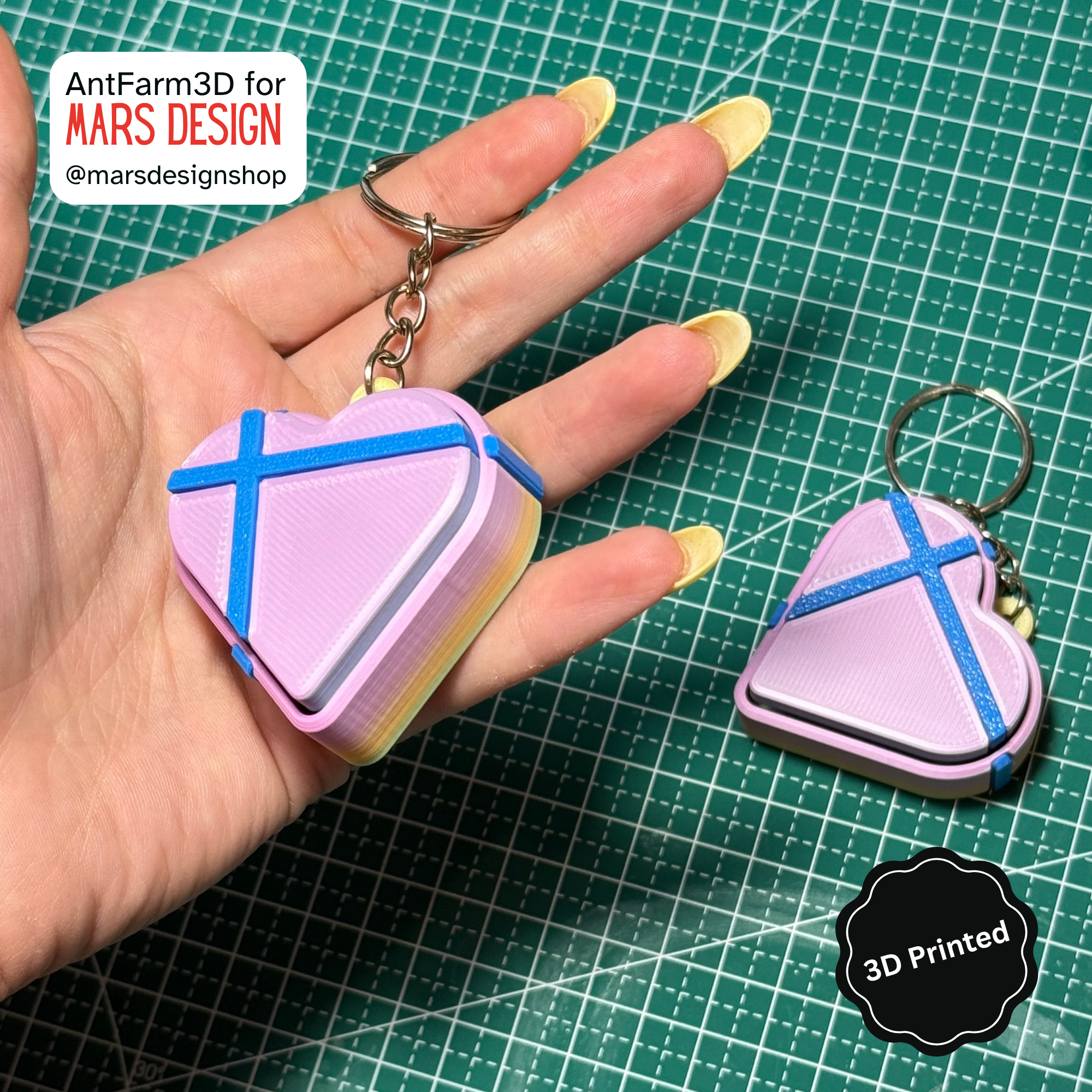 3D დაბეჭდილი გული ქლიქერი ბრელოკი / 3D Printed Heart Shaped Fidget Toy Keychain - Pink Rainbow