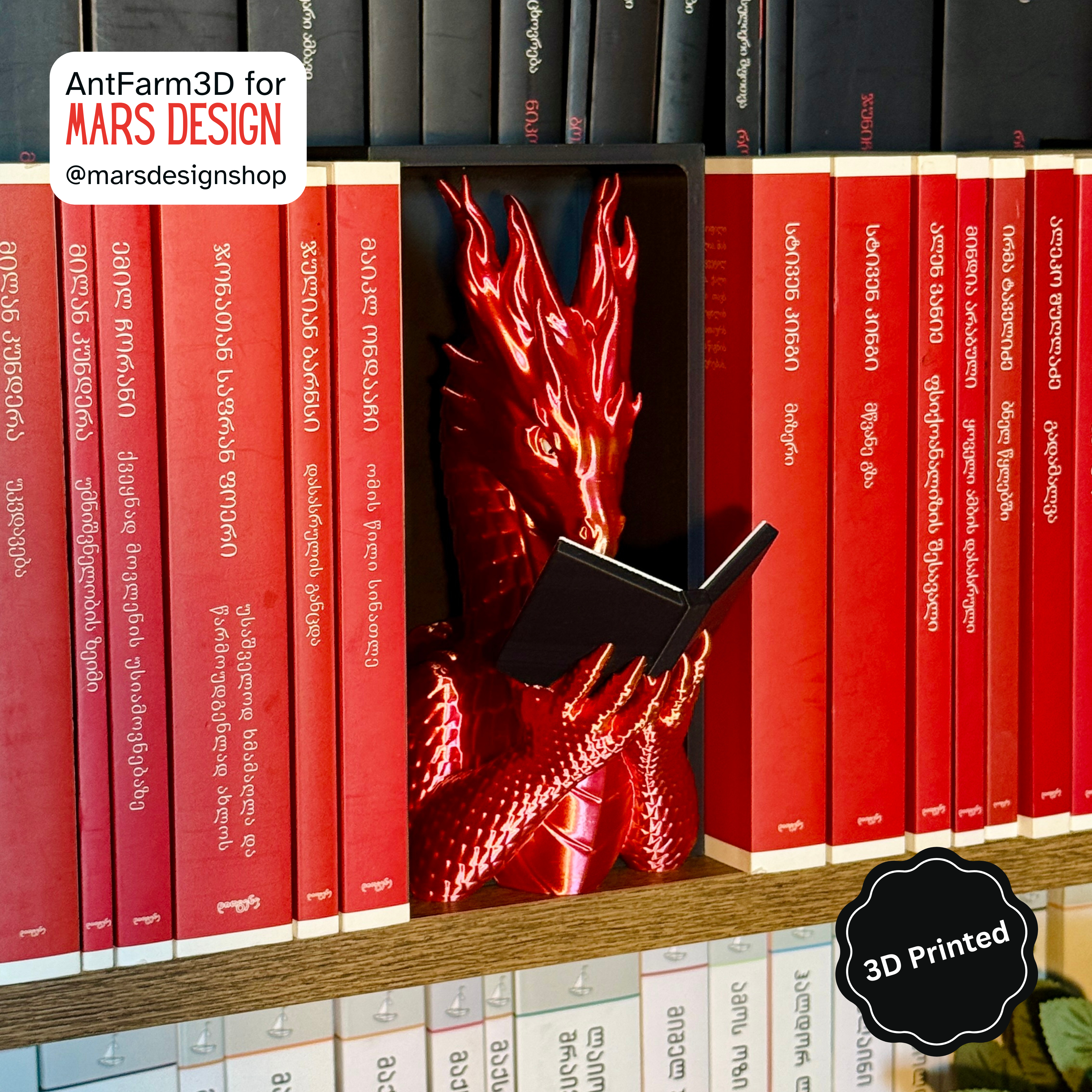 🐉 3D დაბეჭდილი დრაკონი თაროს დეკორი წითელი / 3D Printed Dragon Booknook