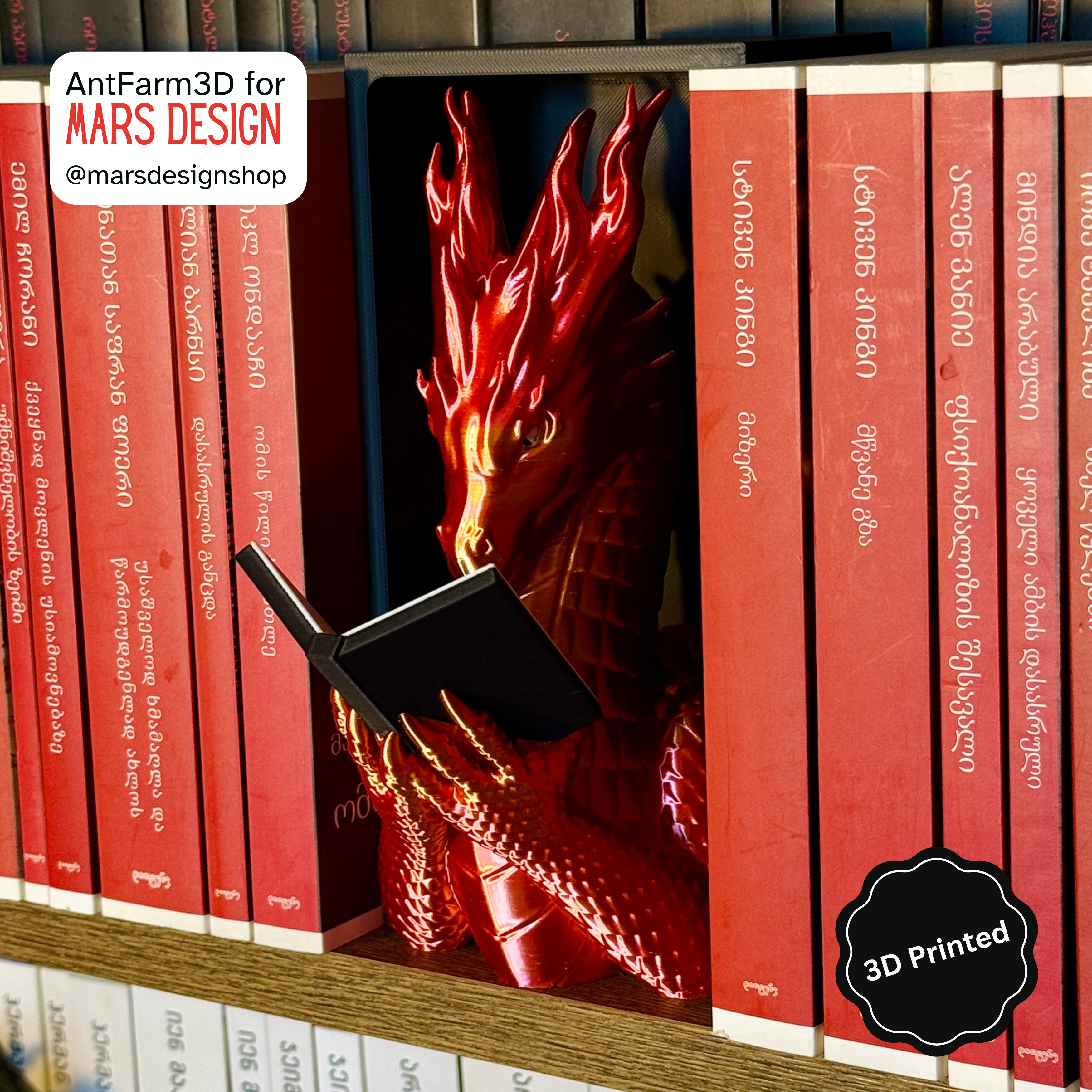 🐉 3D დაბეჭდილი დრაკონი თაროს დეკორი წითელი / 3D Printed Dragon Booknook