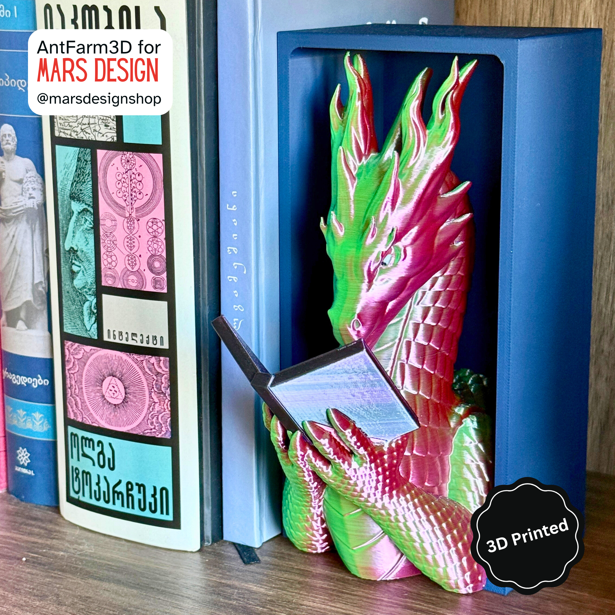 🐉 3D დაბეჭდილი დრაკონი თაროს დეკორი მწვანე / 3D Printed Dragon Booknook