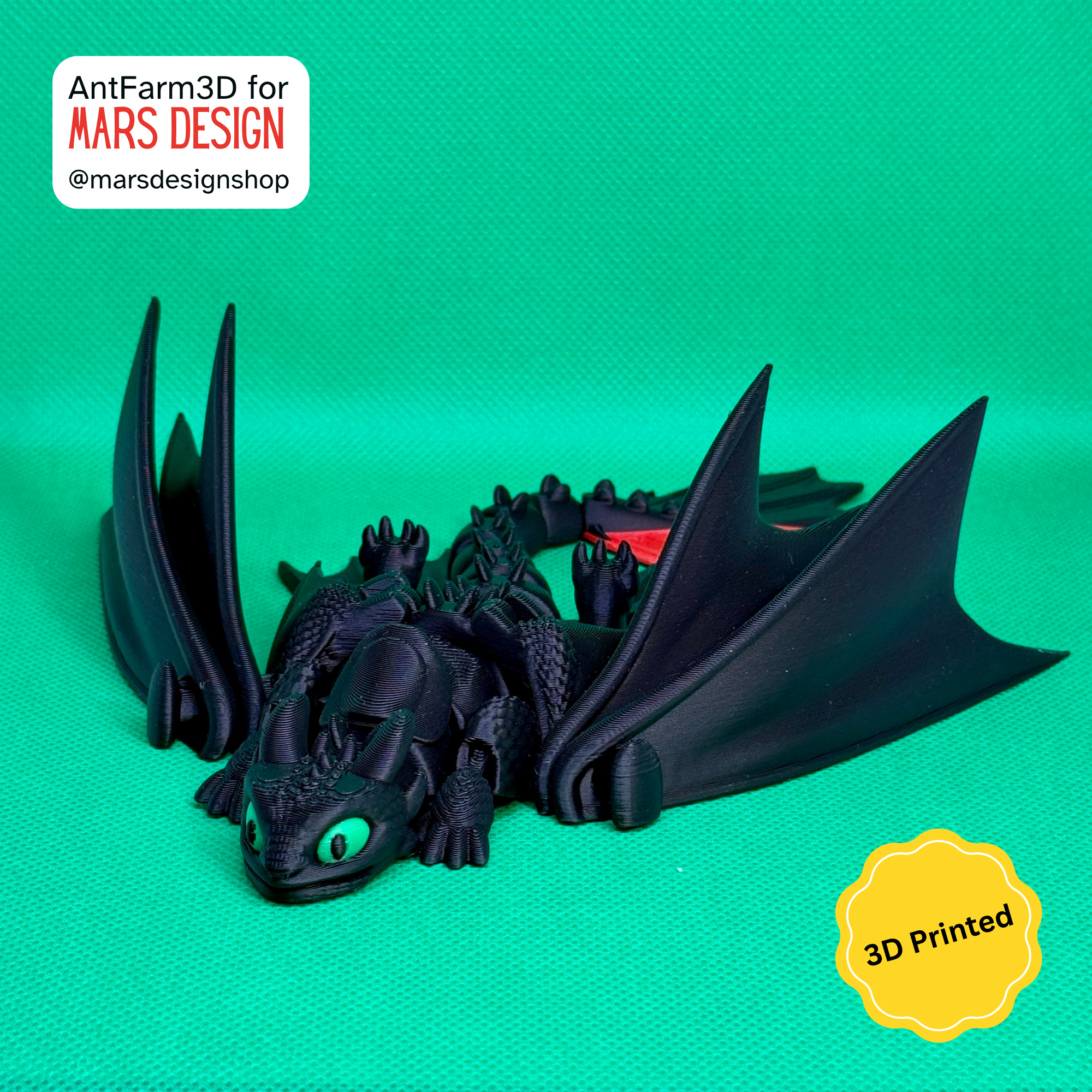 🔥 3D დაბეჭდილი უკბილო დრაკონი შავი /  3D Printed Toothless Dragon Black