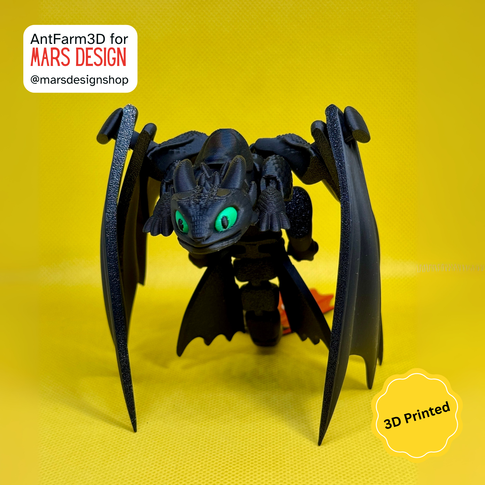 🔥 3D დაბეჭდილი უკბილო დრაკონი შავი /  3D Printed Toothless Dragon Black
