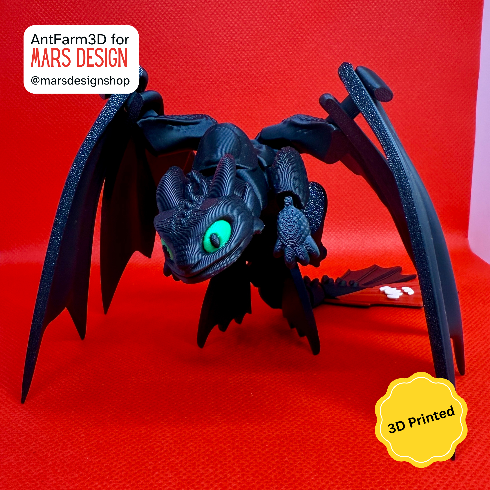 🔥 3D დაბეჭდილი უკბილო დრაკონი შავი /  3D Printed Toothless Dragon Black
