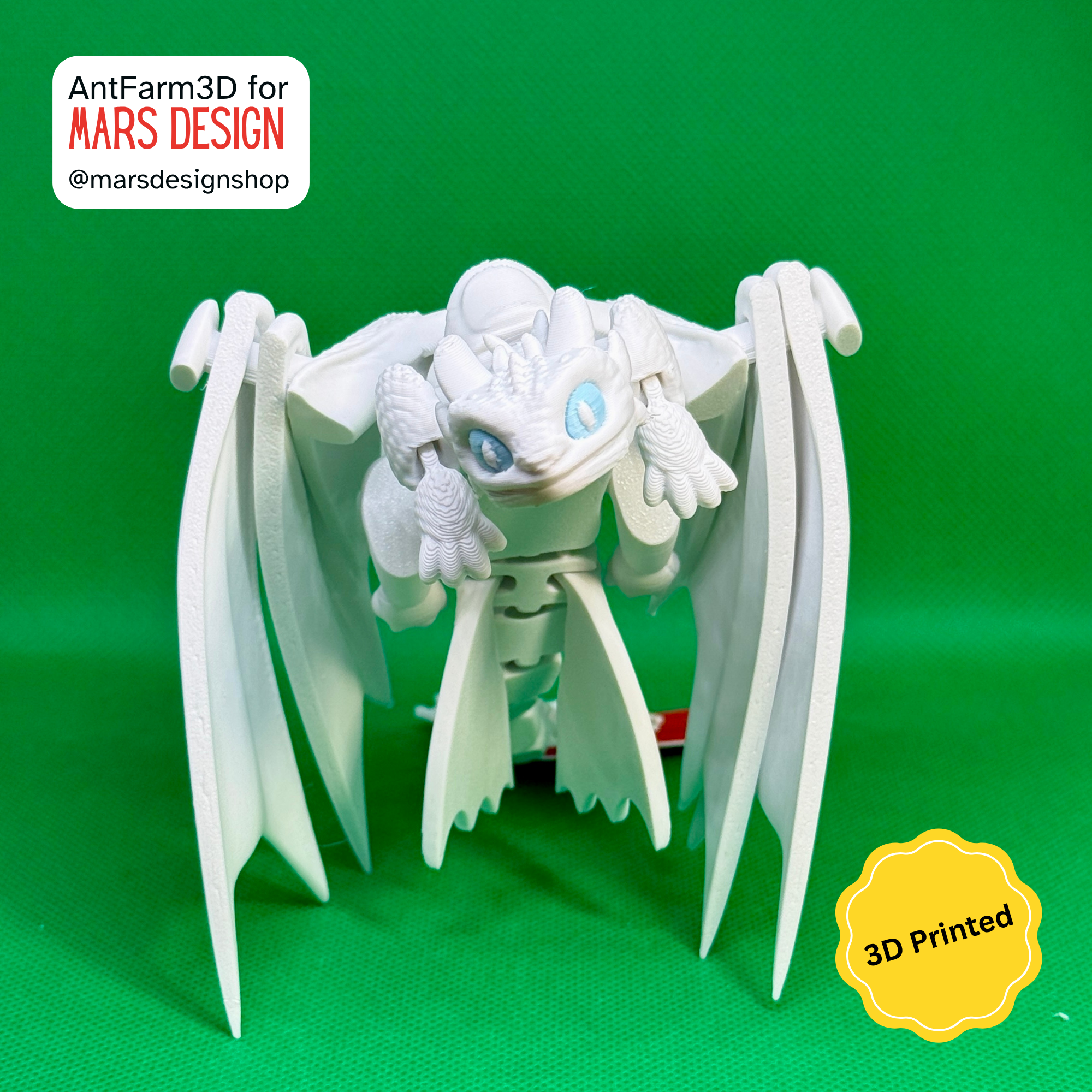 🔥 3D დაბეჭდილი უკბილო დრაკონი თეთრი /  3D Printed Toothless Dragon White