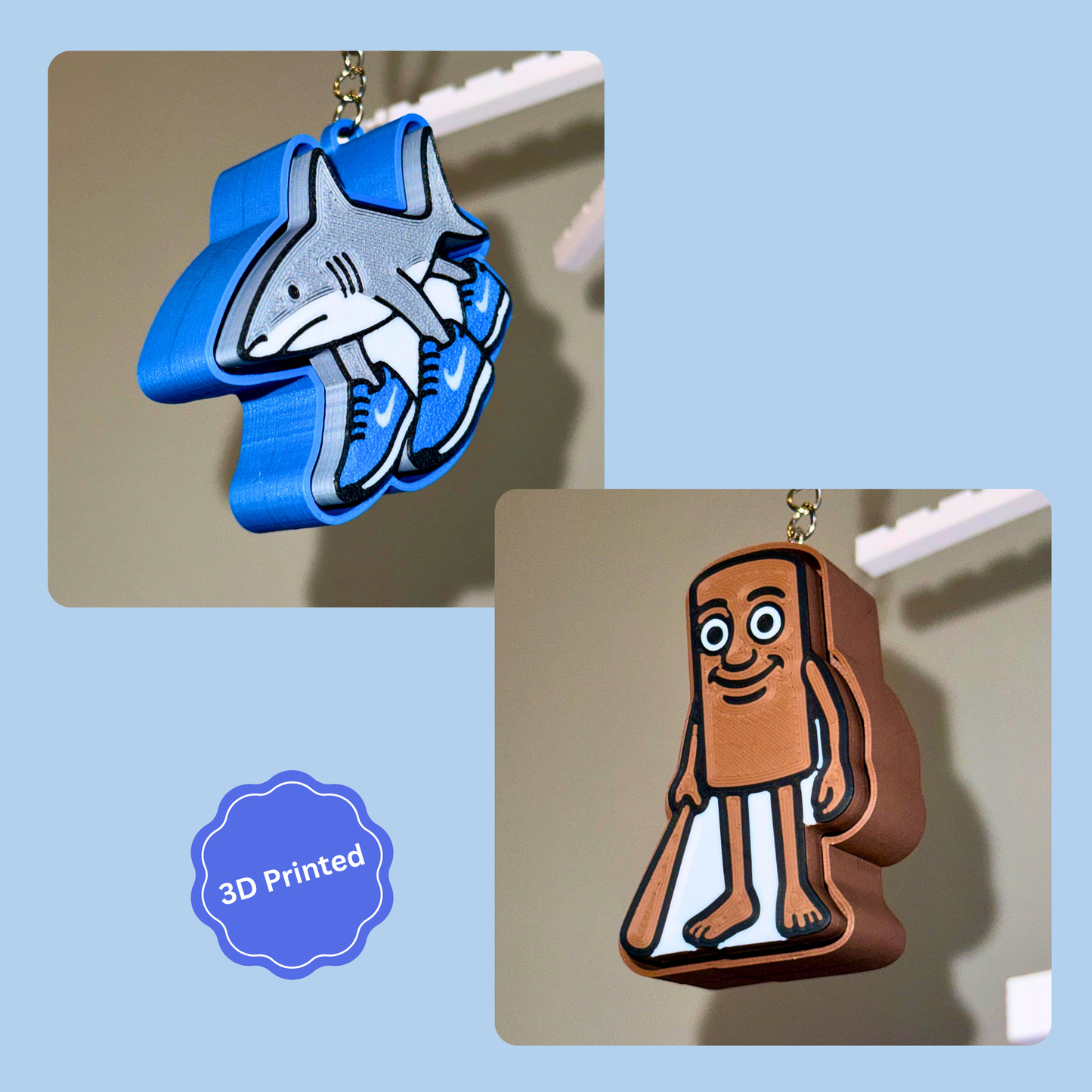 3D დაბეჭდილი ტრალალერო ტრალალა ქლიქერი ბრელოკი 2ც. / 3D Printed Tralalero Tralala Fidget Toy Keychain 2pcs.